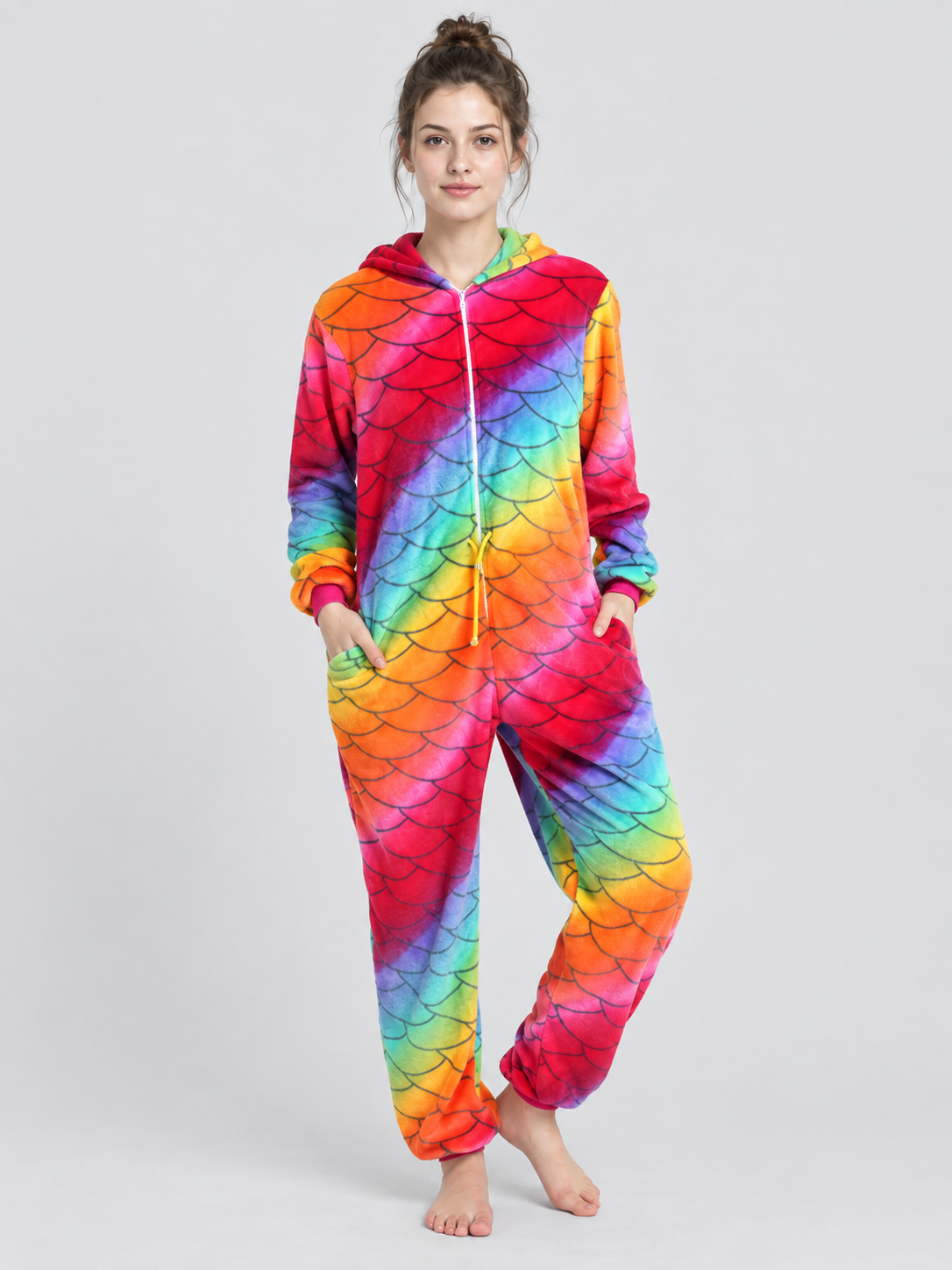 Flannel Rainbow Scale Print Jumpsuit Pajamas