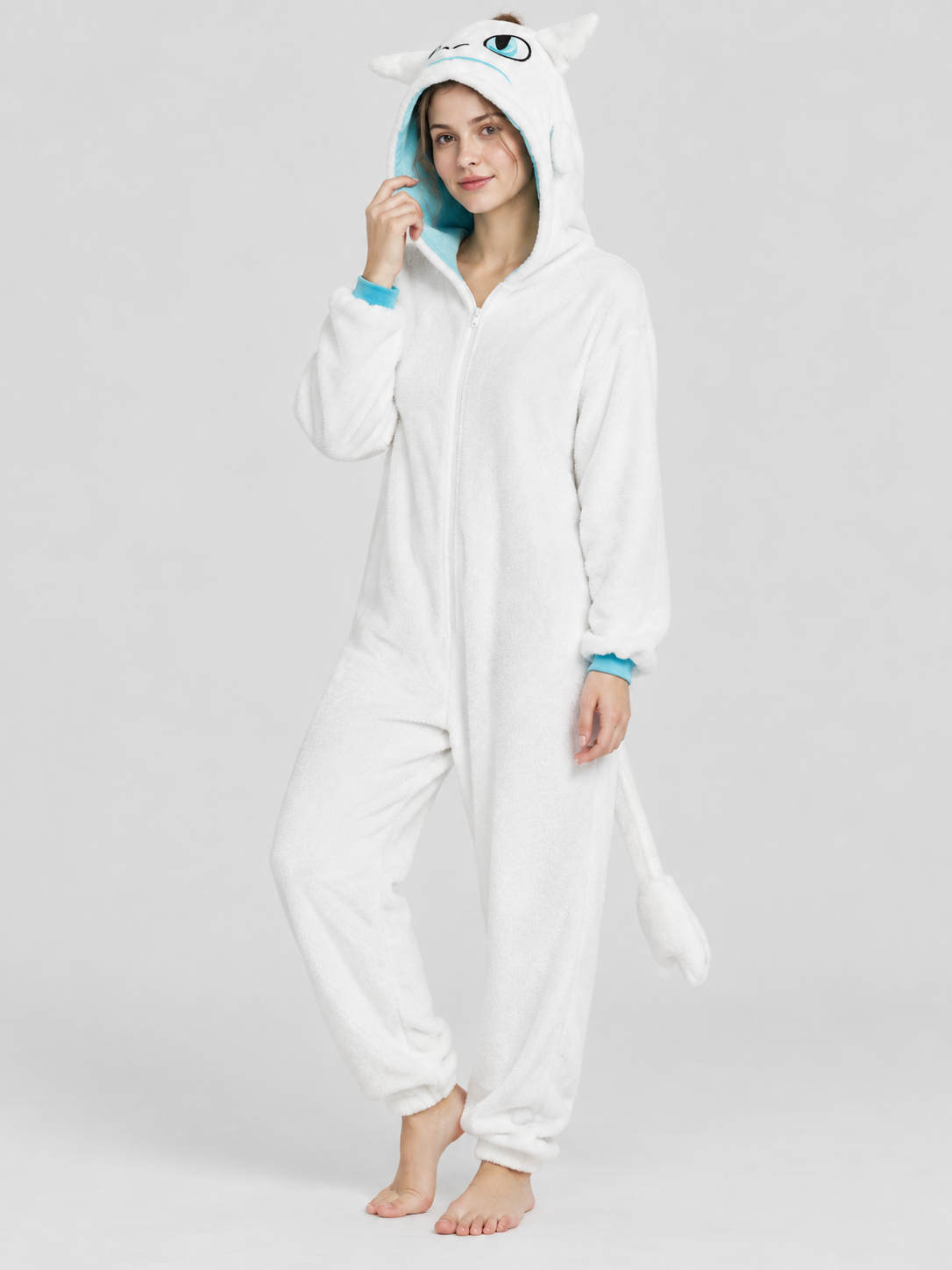 White Fleece Hooded Pajama Jumpsuit with Tail
