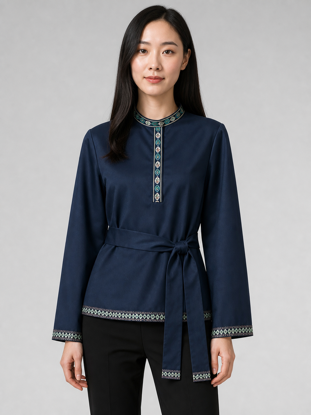 Tunic with a stand-up collar and belt, dark navy