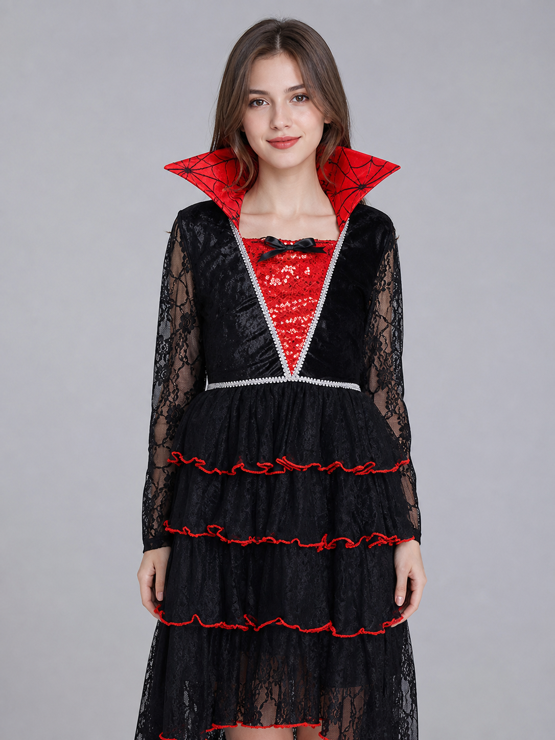Gothic Dress with Layered Skirt and Necklace