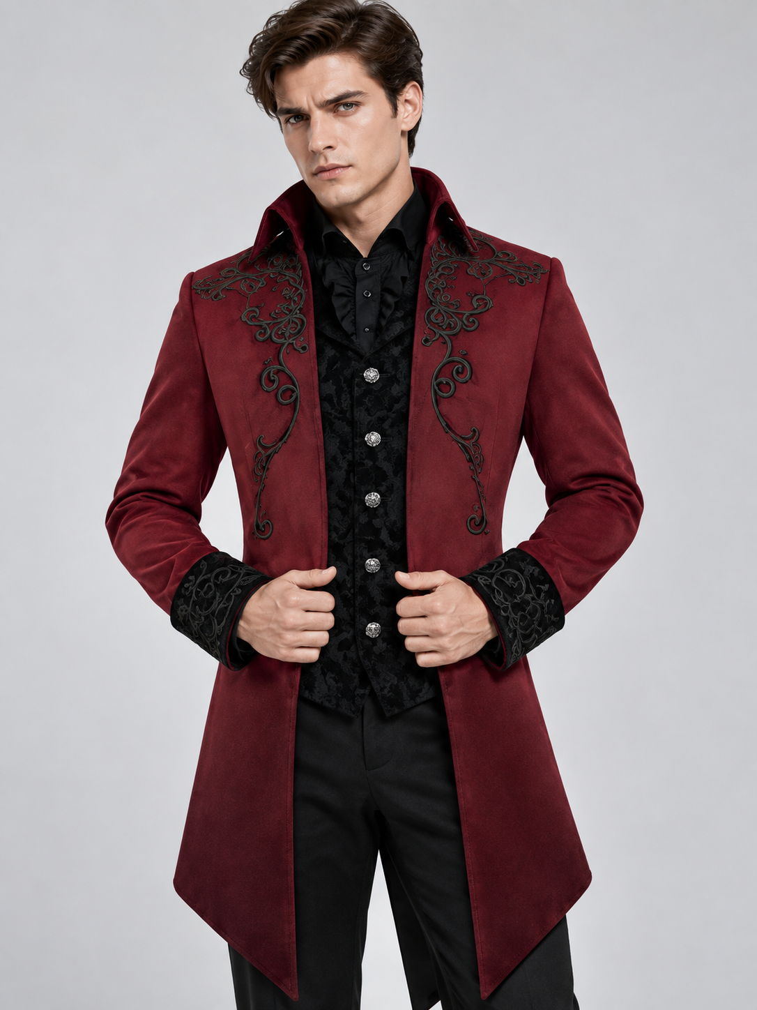 Burgundy Vampire Carnival Tailcoat with Black Embroidery