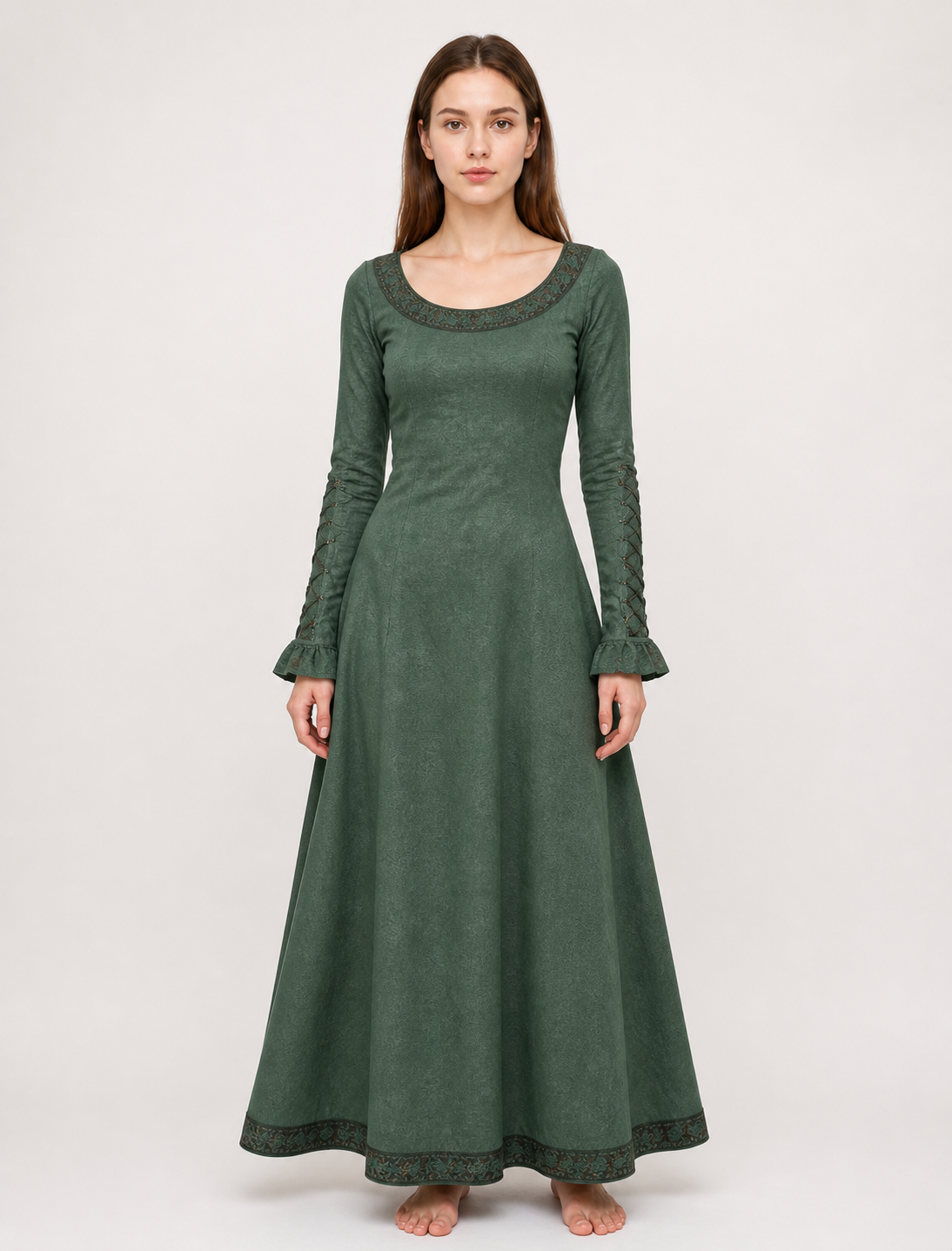 Dark Green Medieval Dress with Long Sleeves
