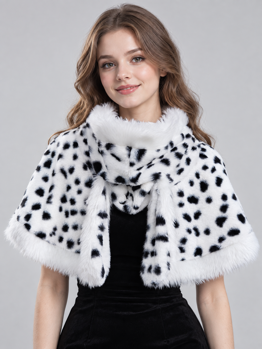White Faux Fur Cape with Black Spots