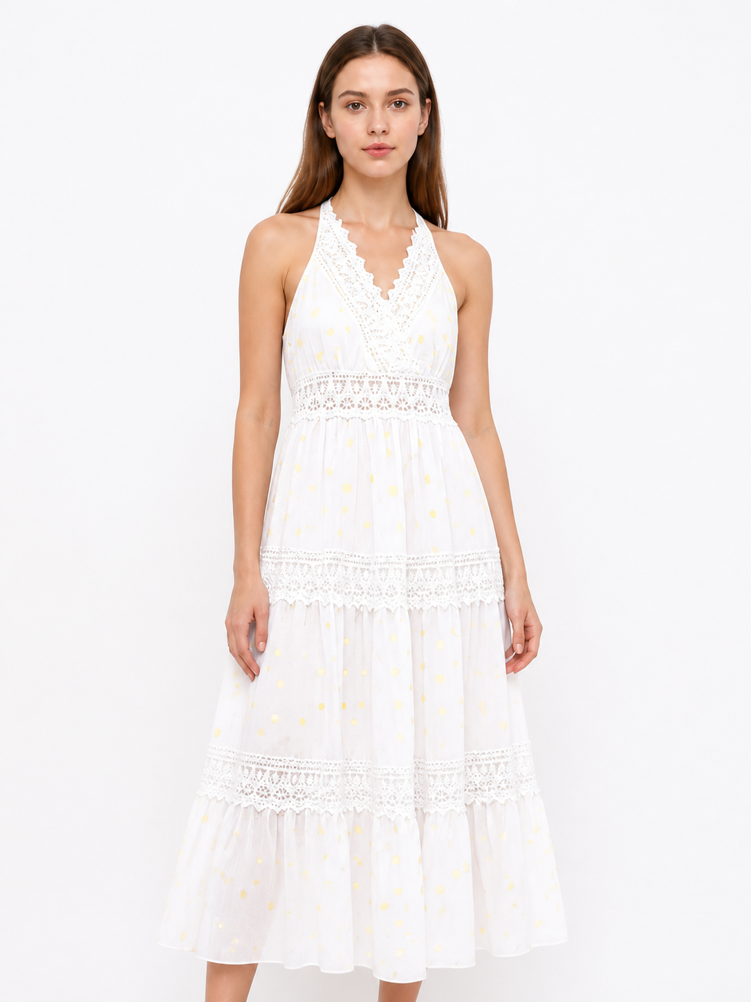 Long White Sleeveless Dress with Lace Trim Costume Dresses detail 3