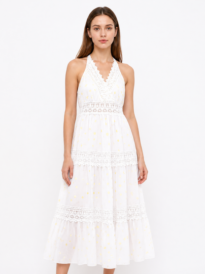 Long White Sleeveless Dress with Lace Trim Costume Dresses detail 3