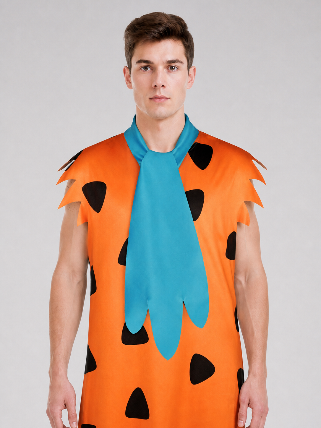 Orange Dress with Black Spots and Blue Accessory upper body view 4