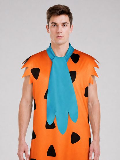 Orange Dress with Black Spots and Blue Accessory upper body view 4