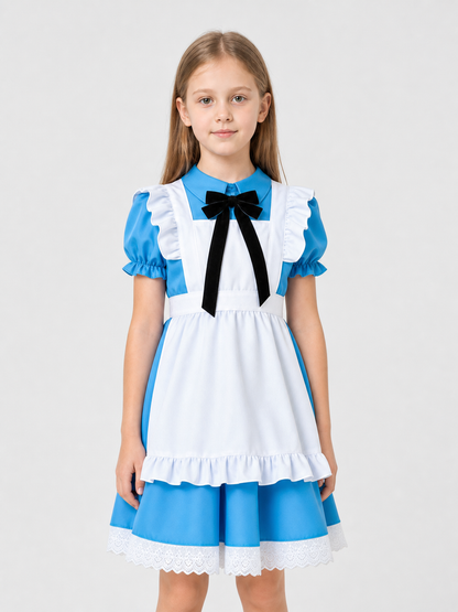 Dress with an apron, stand collar, and ruffles
