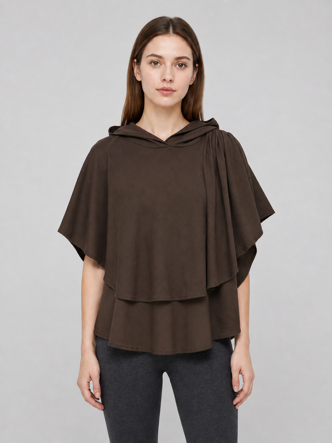 Women's Hooded Wanderer Cloak Costume with Layered Hem, Shoulder Draped Pleats