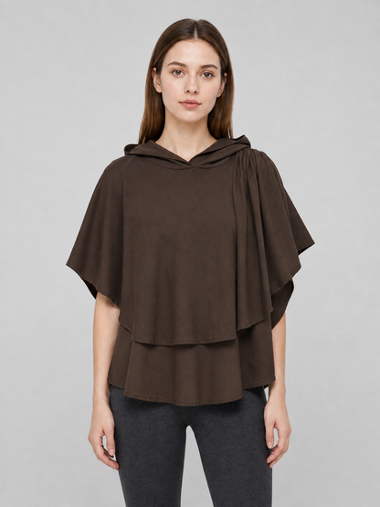 Women's Hooded Wanderer Cloak Costume with Layered Hem, Shoulder Draped Pleats