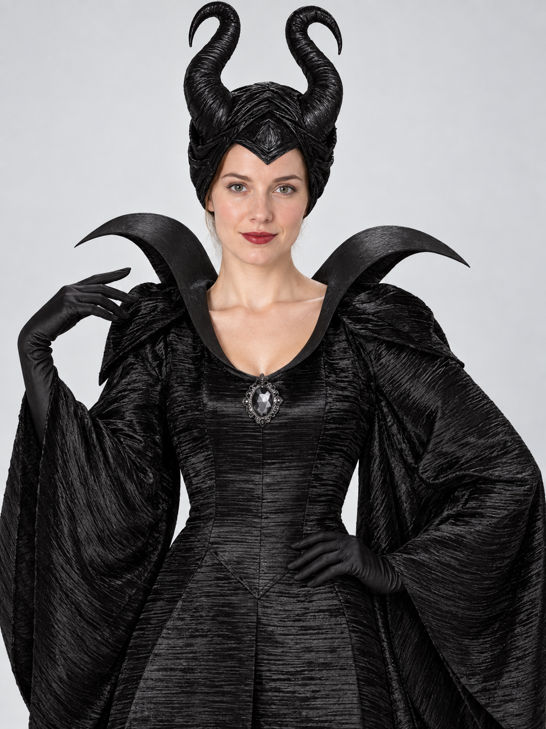 Maleficent Costume: Black Dress, Horns, Brooch
