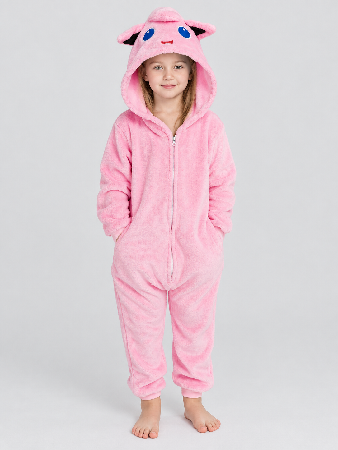 Pink plush kigurumi jumpsuit with hood and ears