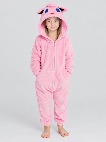 Pink plush kigurumi jumpsuit with hood and ears