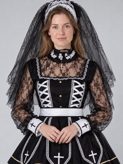 Carnival Costume with Crosses and Sheer Veil