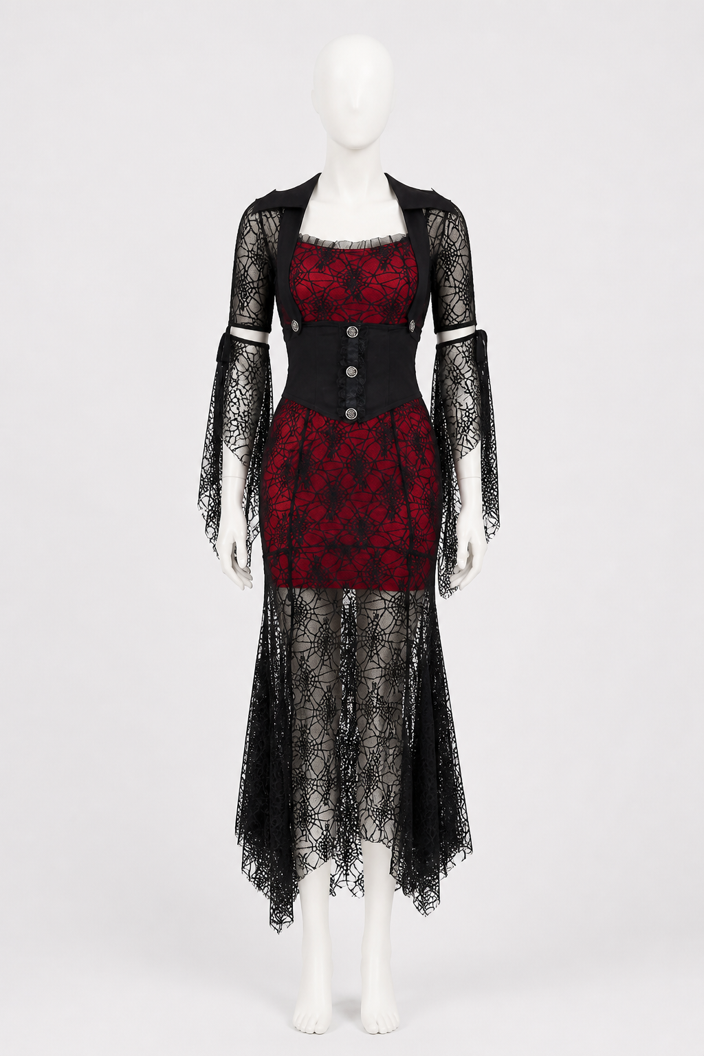 Red and Black Dress with Batwing Sleeves and Spiderweb Pattern Costume Dresses detail 3