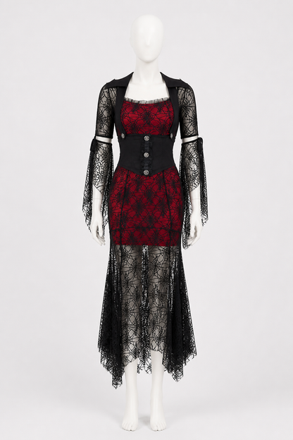 Red and Black Dress with Batwing Sleeves and Spiderweb Pattern Costume Dresses detail 3