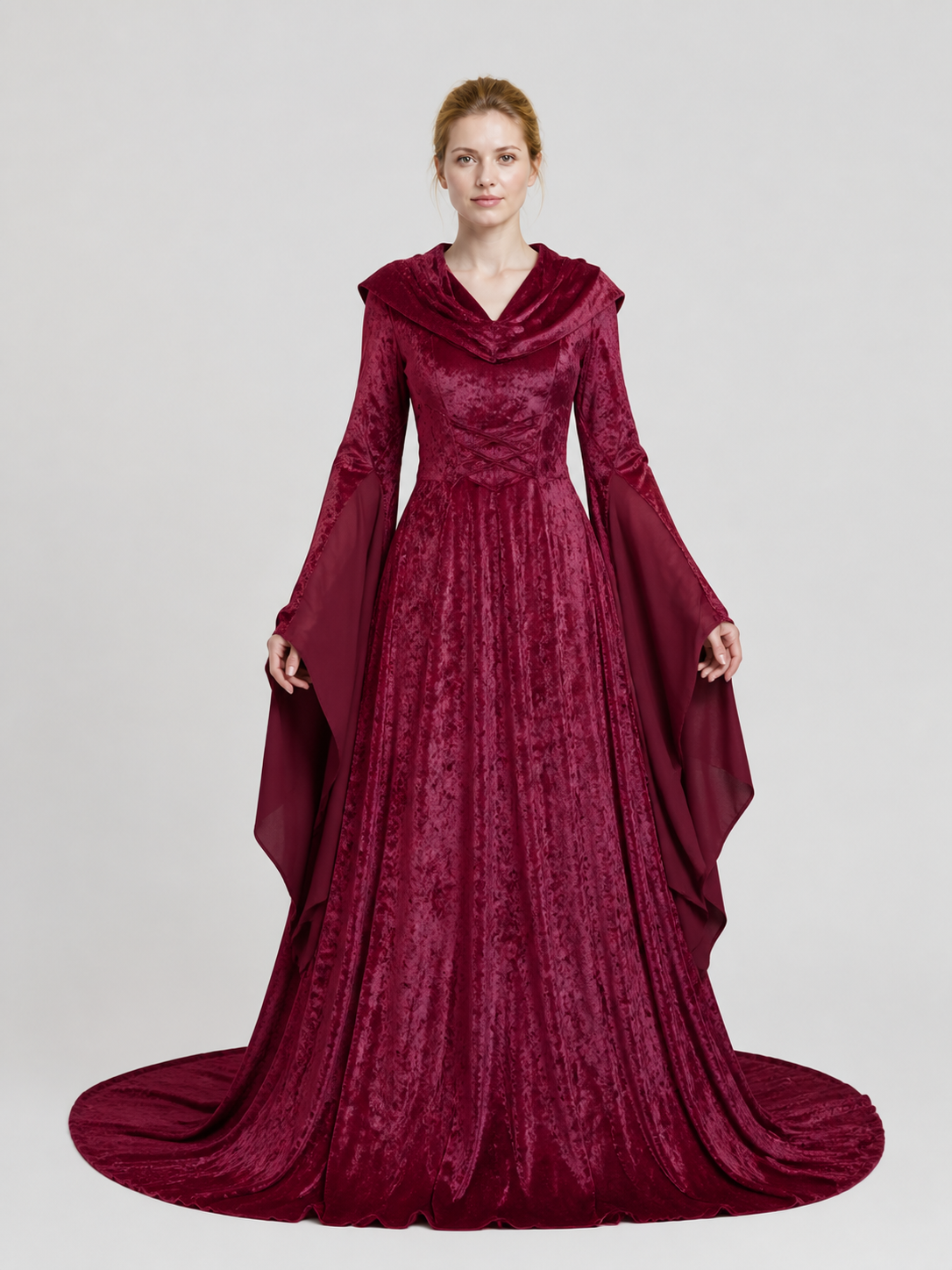 Wine-Colored Hooded Gothic Dress with Train Costume Dresses detail 3