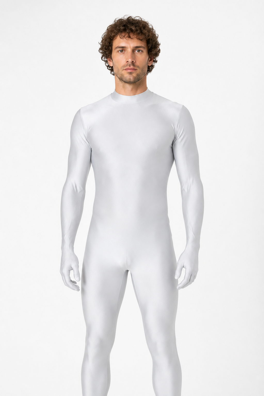 White Form-Fitting Zentai Jumpsuit with High Collar product detail 3