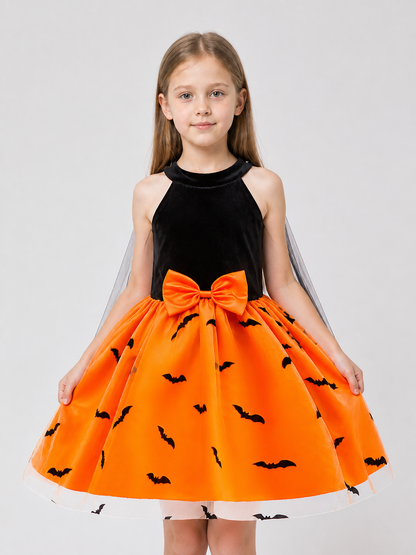 Puffy Kids' Halloween Dress with Bat Print Costume Dresses detail 3