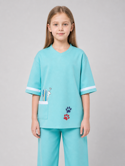 Veterinarian Medical Uniform Role-Play Costume: The set includes a short-sleeve V-neck top with a patch chest pocket and loose-fitting pants with white trim stripes along the bottom edge. The costume is light turquoise with white accents an