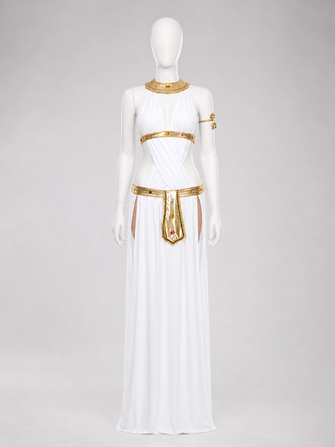 White Cleopatra Costume with Gold Decor for Cosplay Holiday Decorations detail 3