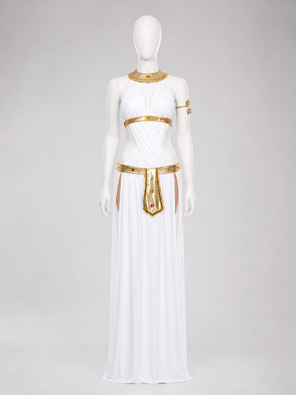 White Cleopatra Costume with Gold Decor for Cosplay Holiday Decorations detail 3