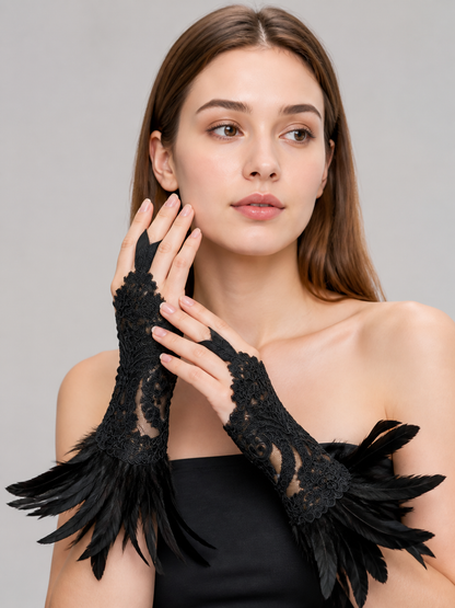 Black Lace Carnival Gloves with Feathers, Pair