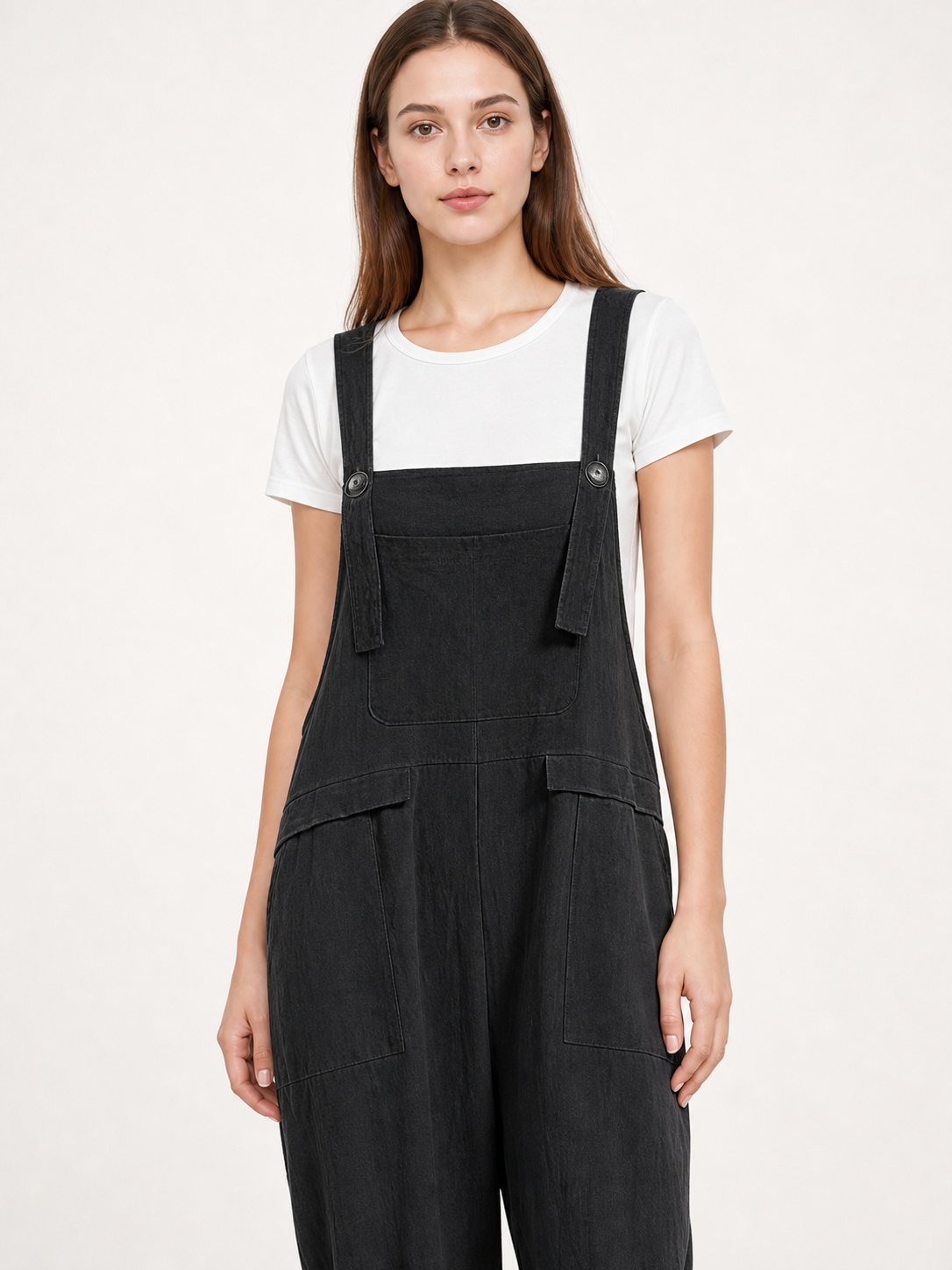 Black Loose-Fit Overalls with Pockets