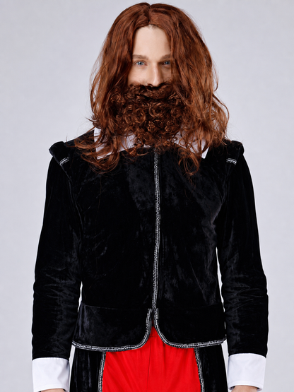 The vampire costume features a combination of black, red, and silver colors. The set includes a black long coat with long sleeves and red pants, combined to create a themed outfit. The front of the coat has a zipper running down the center.