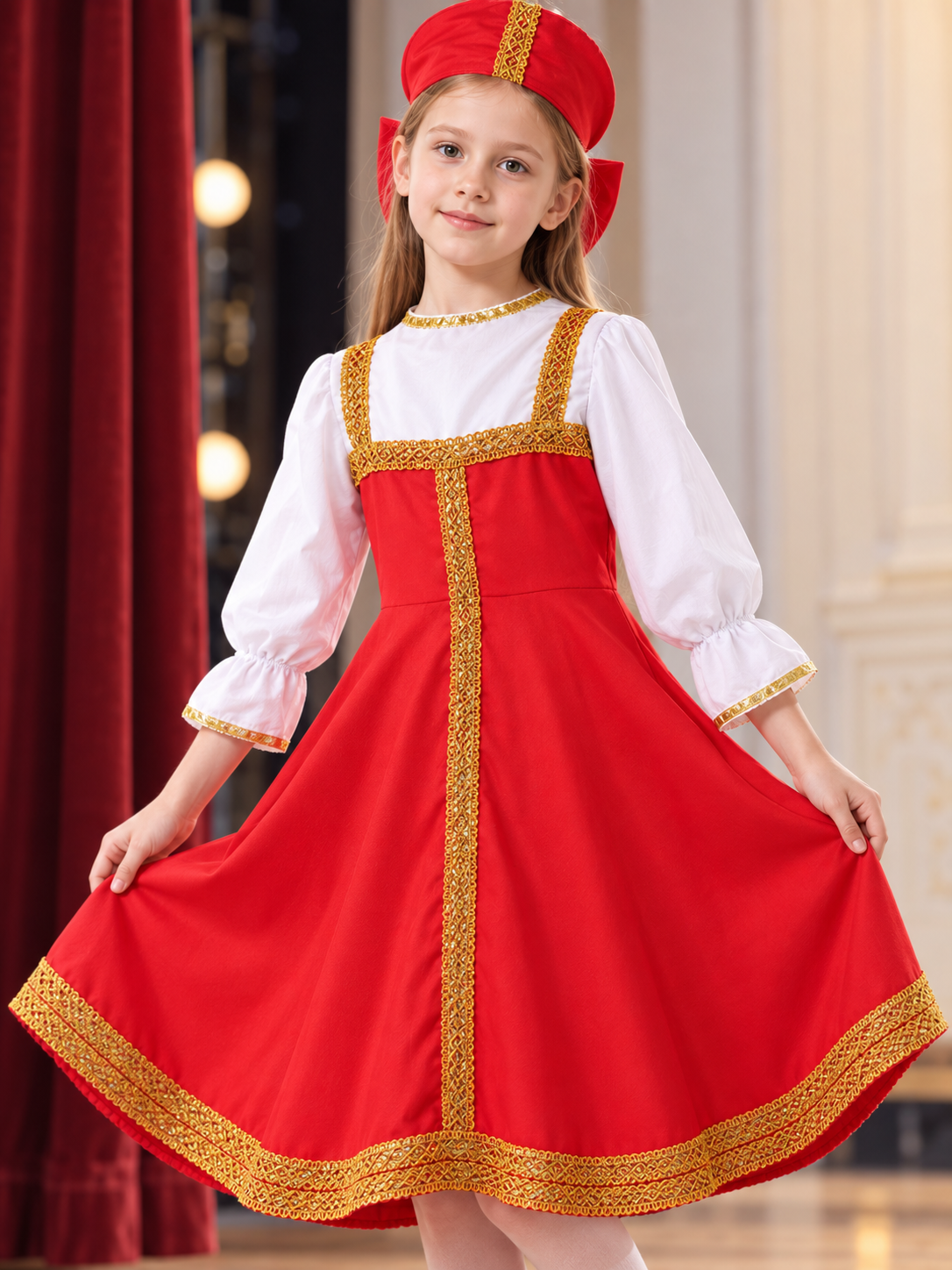 Children's Red Stage Costume with Headpiece Costume Headwear detail 2
