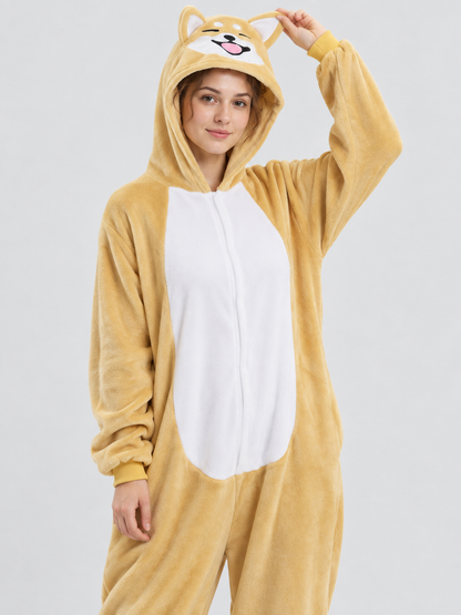 Yellow-Beige Hooded Pajama Jumpsuit with Ears