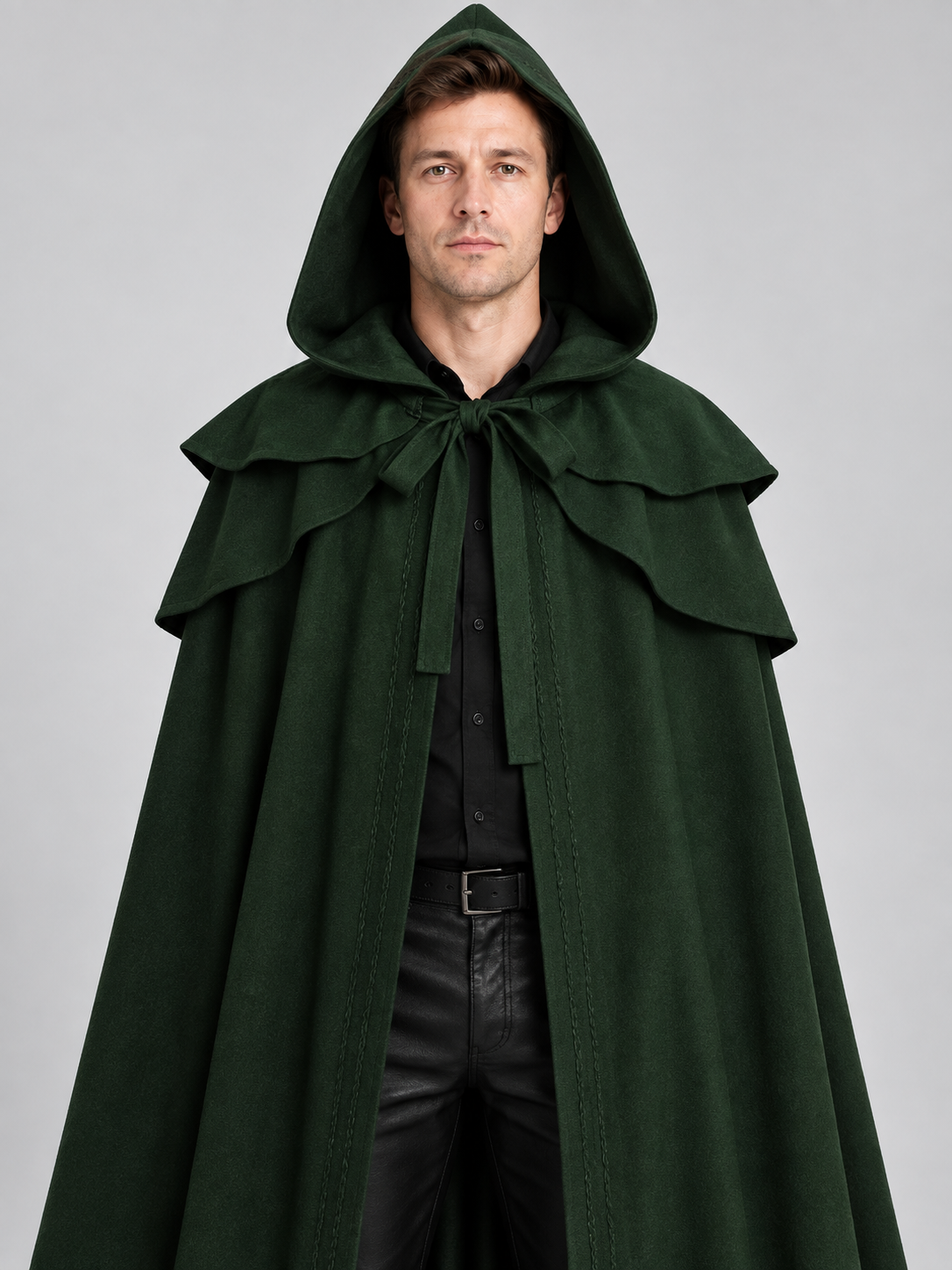 Long Loose-Fit Hooded Cloak Cape Dark Green