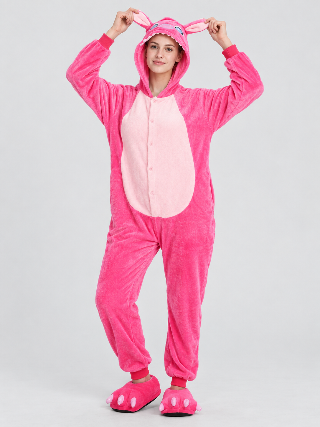 Bright Pink Hooded Pajama Jumpsuit with Ears