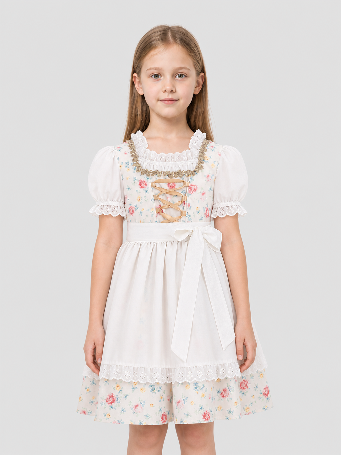 Dress with Apron and Headscarf, Floral Print