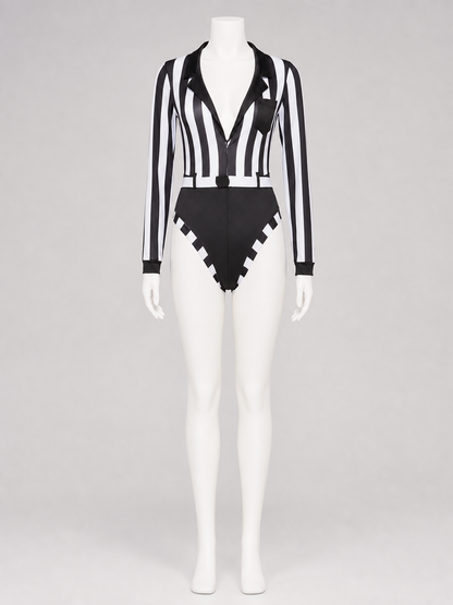 Striped Referee Jumpsuit with Deep V-Neck
