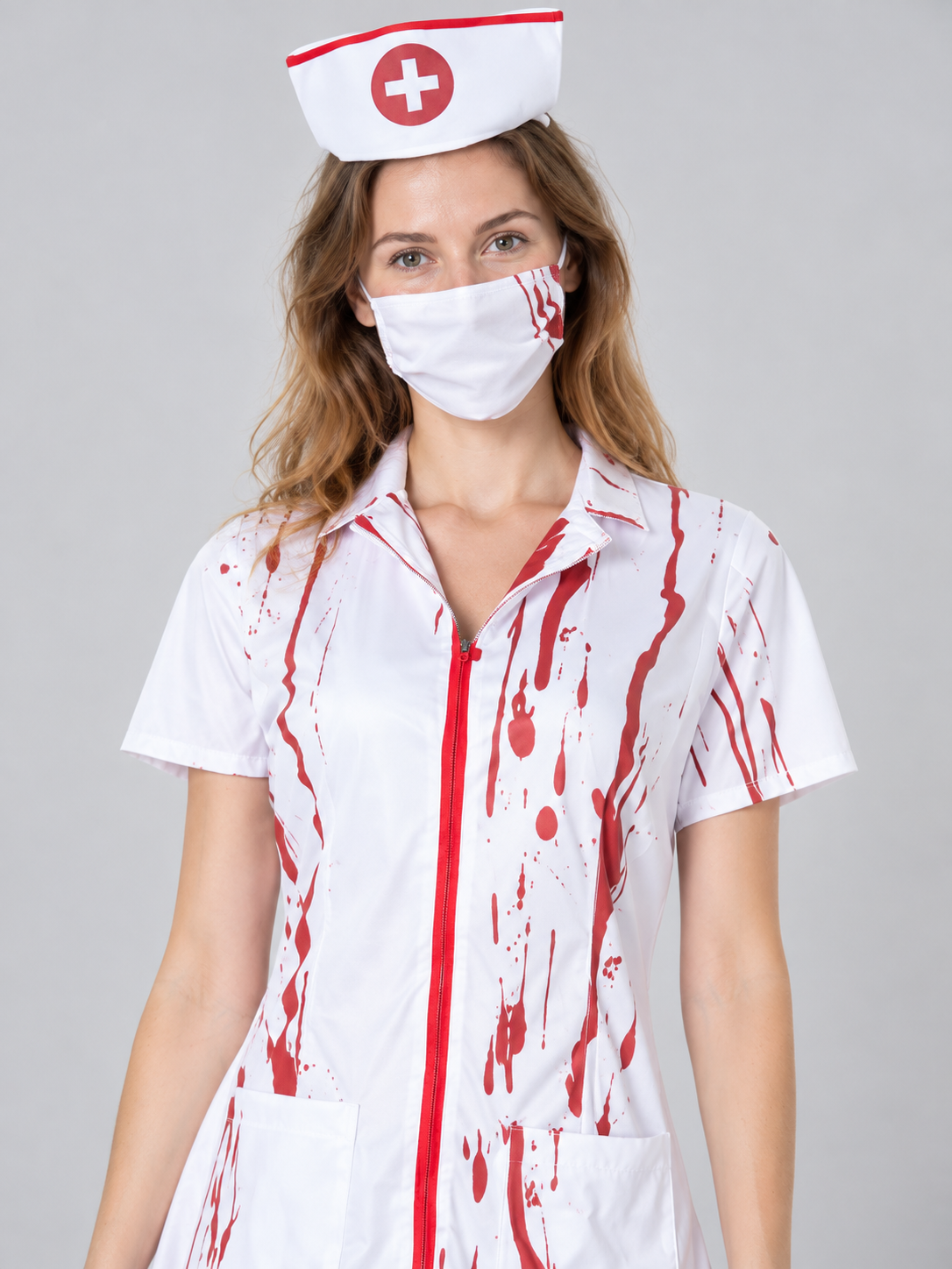 White Nurse Costume with Blood Effect, Cap, Mask