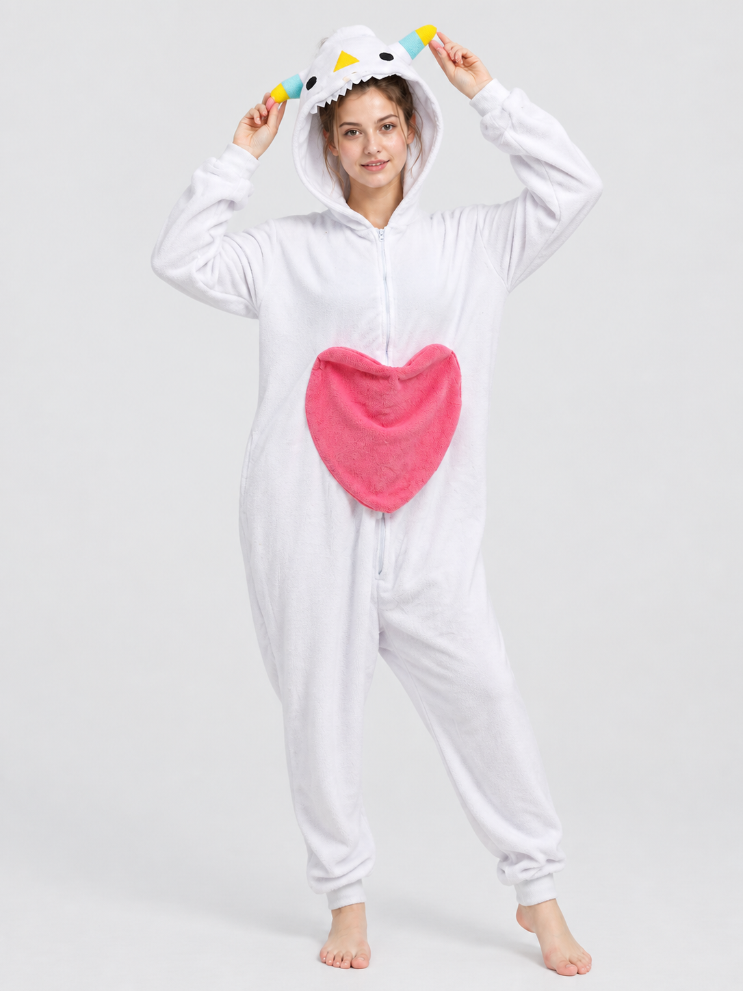 White Fleece Hooded Pajama Jumpsuit with Heart