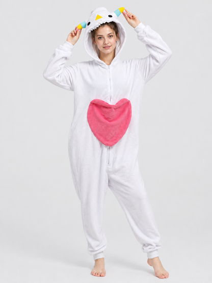 White Fleece Hooded Pajama Jumpsuit with Heart
