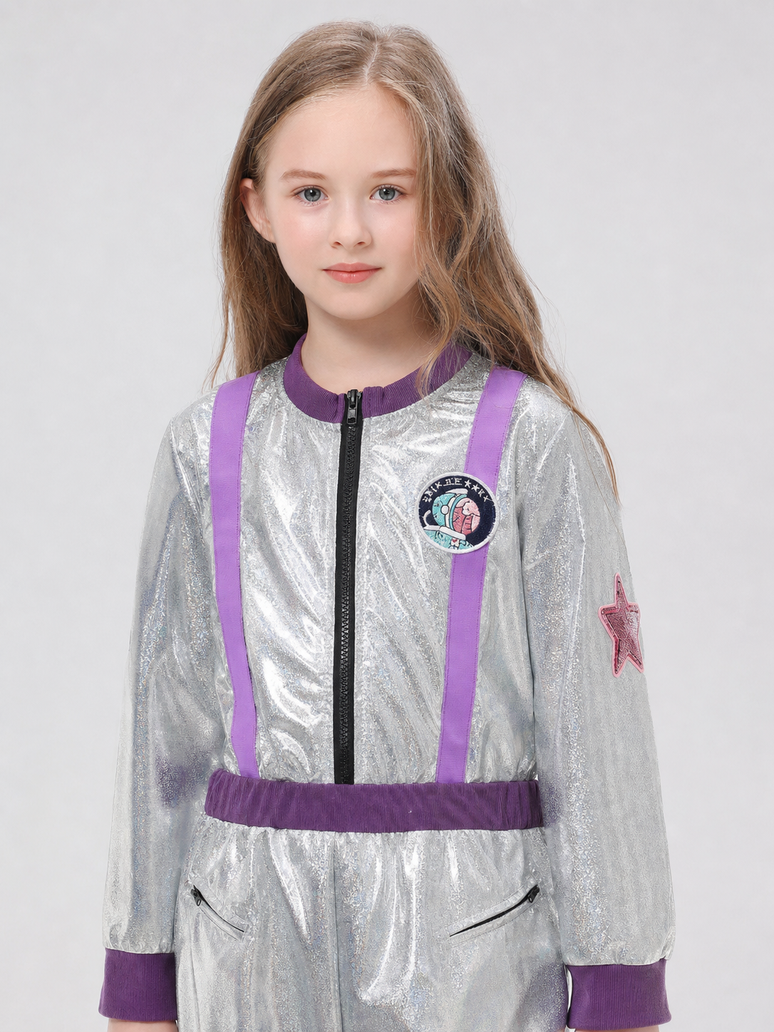 Silver Astronaut Costume with Purple Detailing