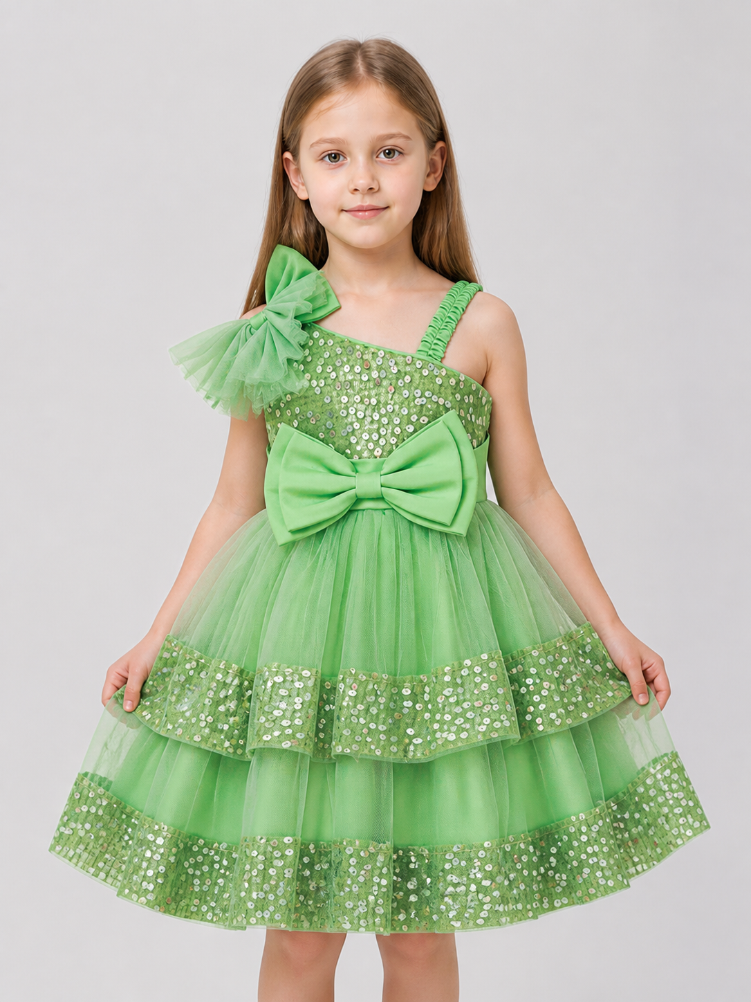 Girls’ Green Sequin Princess Dress with Bows