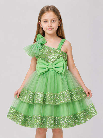 Girls’ Green Sequin Princess Dress with Bows