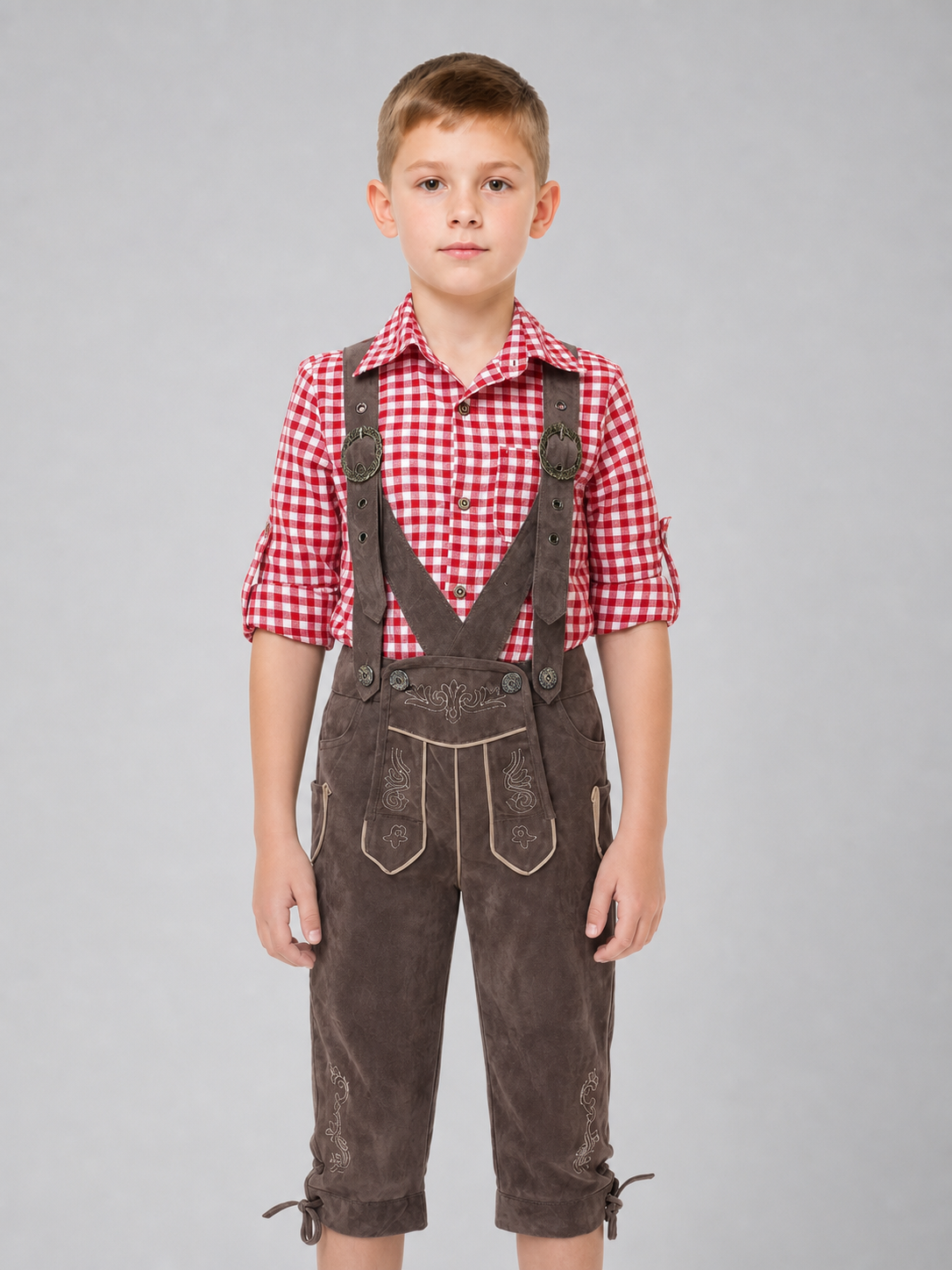 Alpine-style outfit: plaid shirt and pants