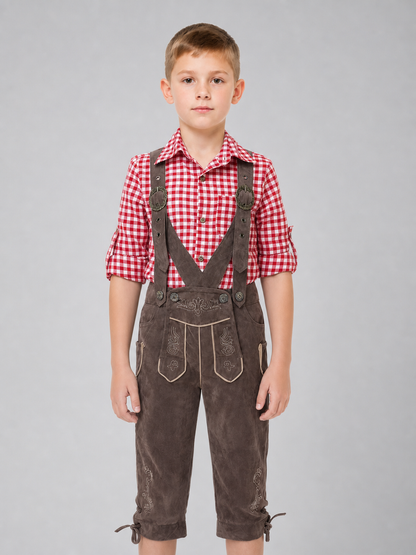 Alpine-style outfit: plaid shirt and pants