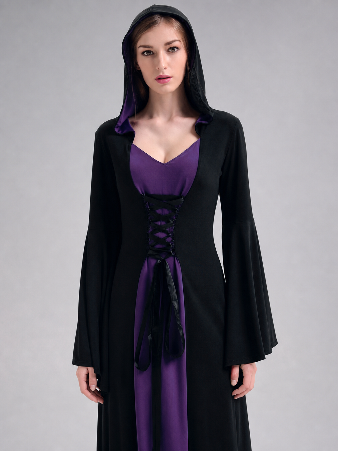 Gothic Long Hooded Dress with Lace-Up Detail Costume Dresses detail 2