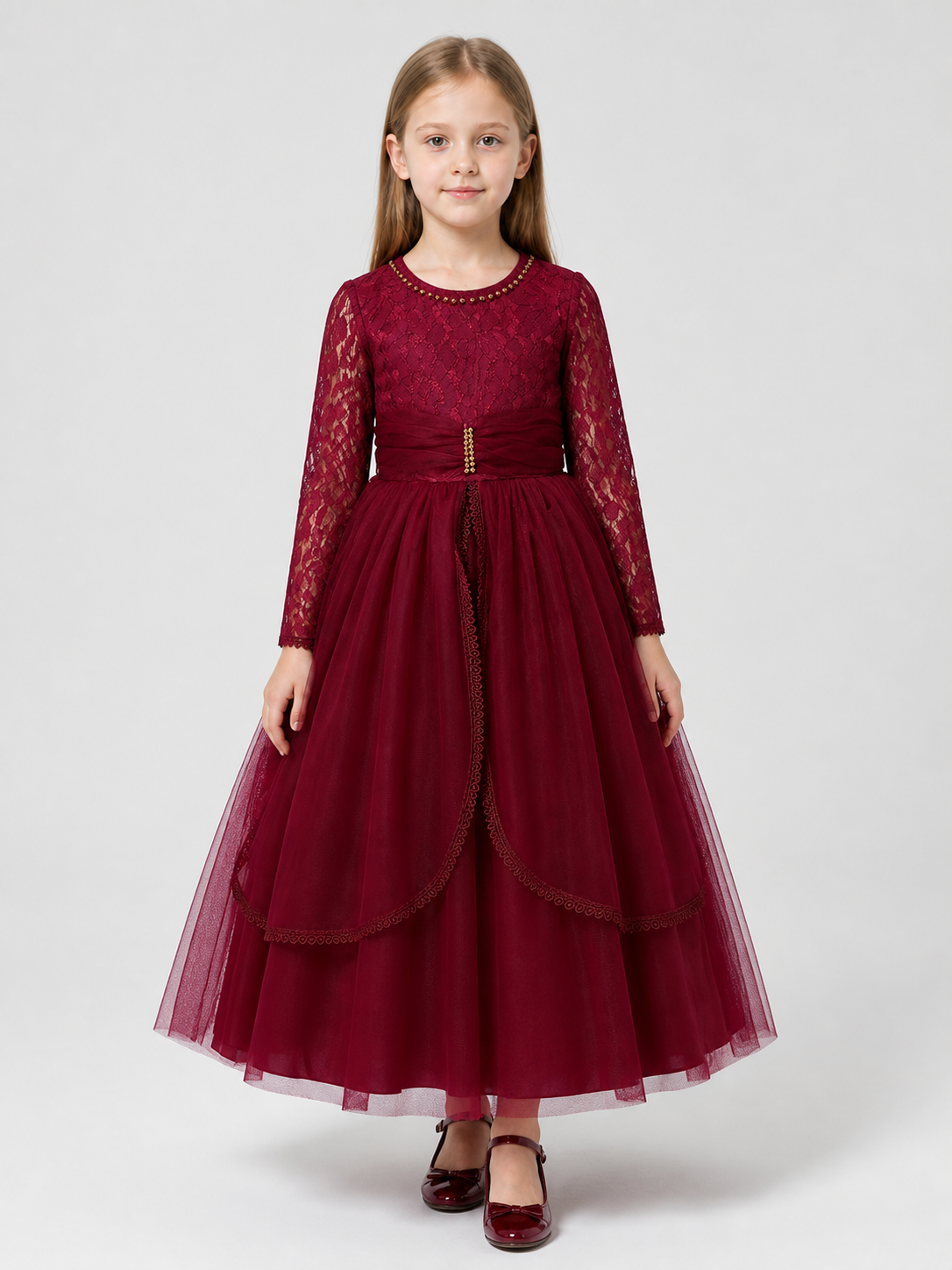 Girls' Burgundy Lace Dress with a Full Skirt Costume Dresses detail 3