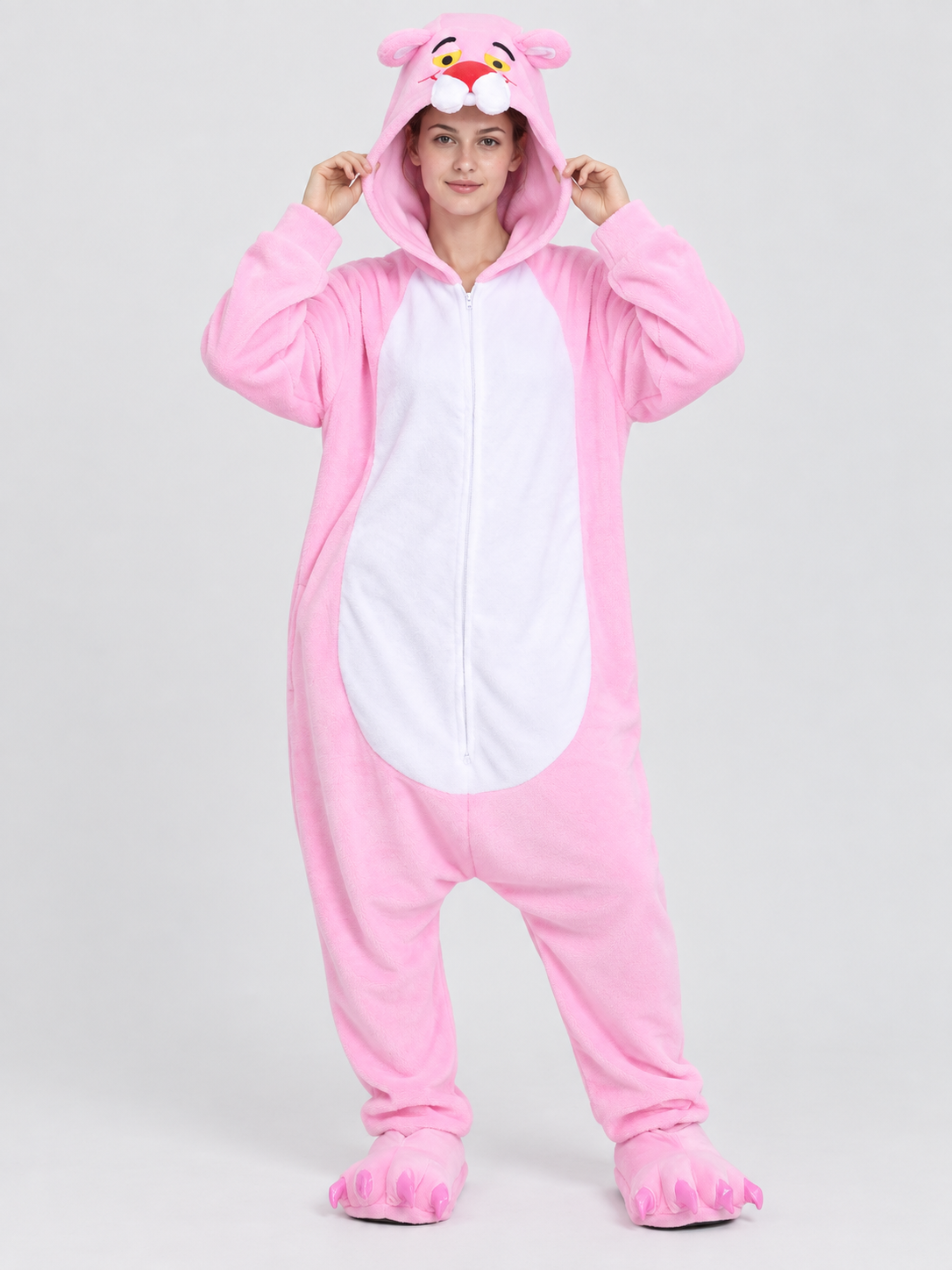 Pink Fleece Hooded Pajama Jumpsuit with Ears