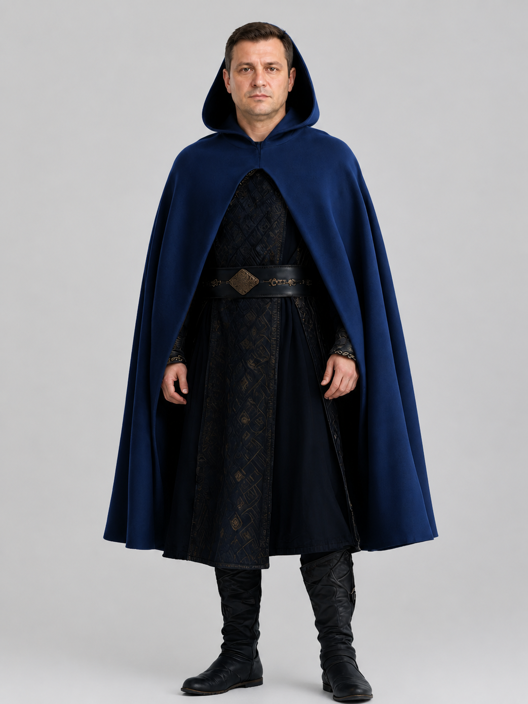 Medieval Long Blue Hooded Cloak for Adults Costume Capes detail 3