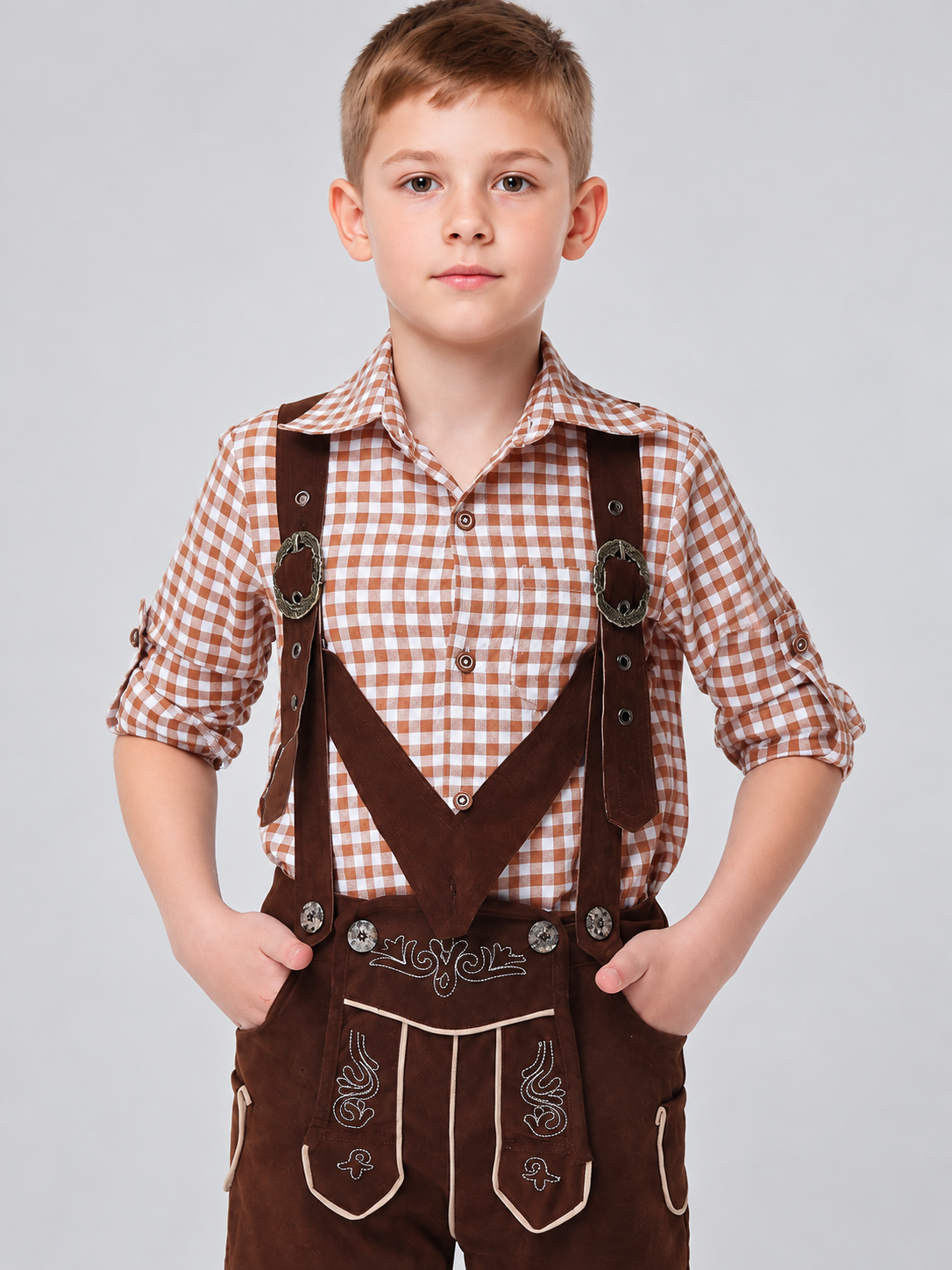 Brown Knee-Length Suspender Pants with Embroidery