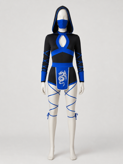 Ninja Costume with Mask and Dragon, Black and Blue Cosplay Costume Masks detail