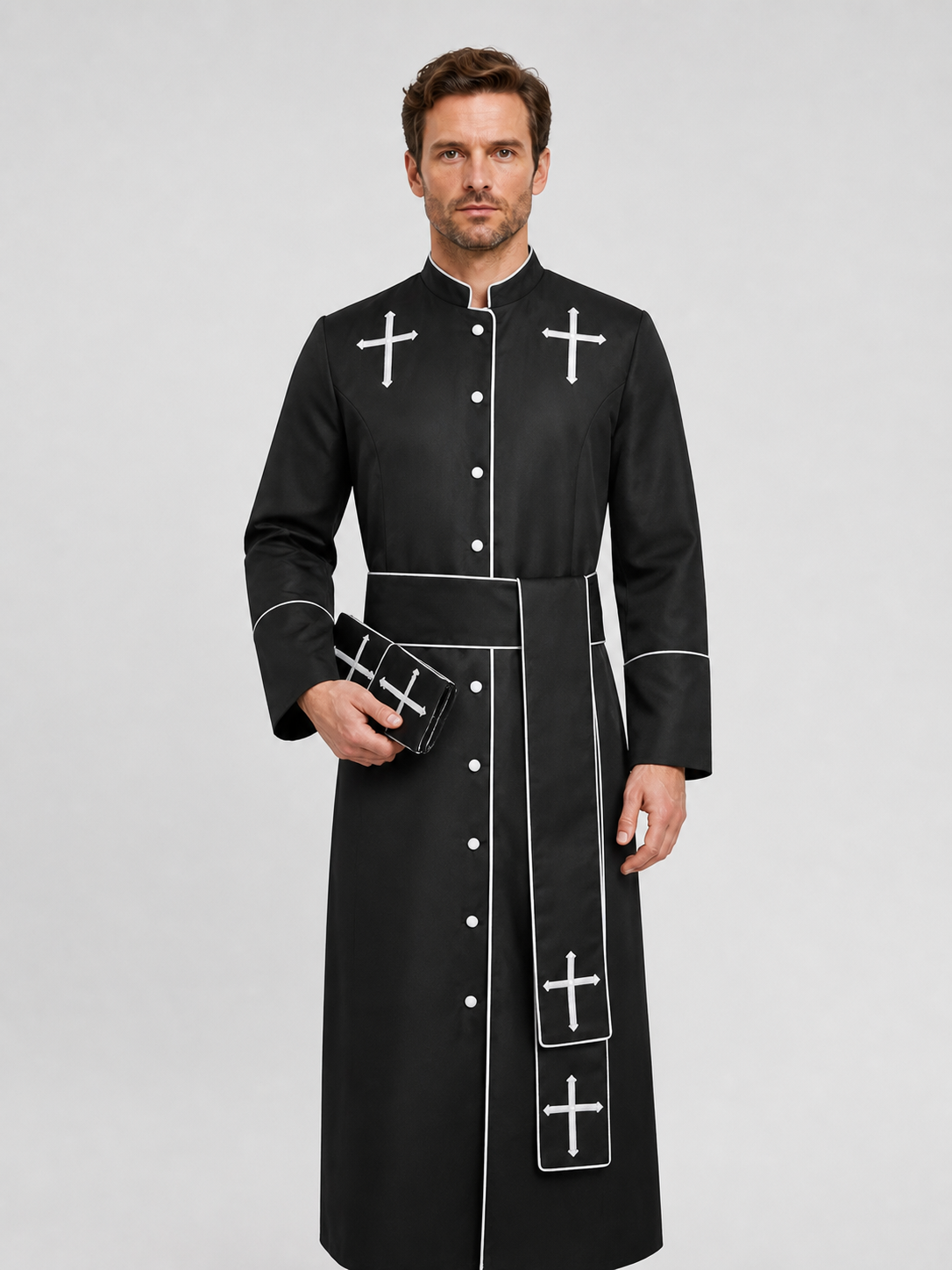 Long Black Cassock with a Cross for a Priest Costume Costumes detail 2